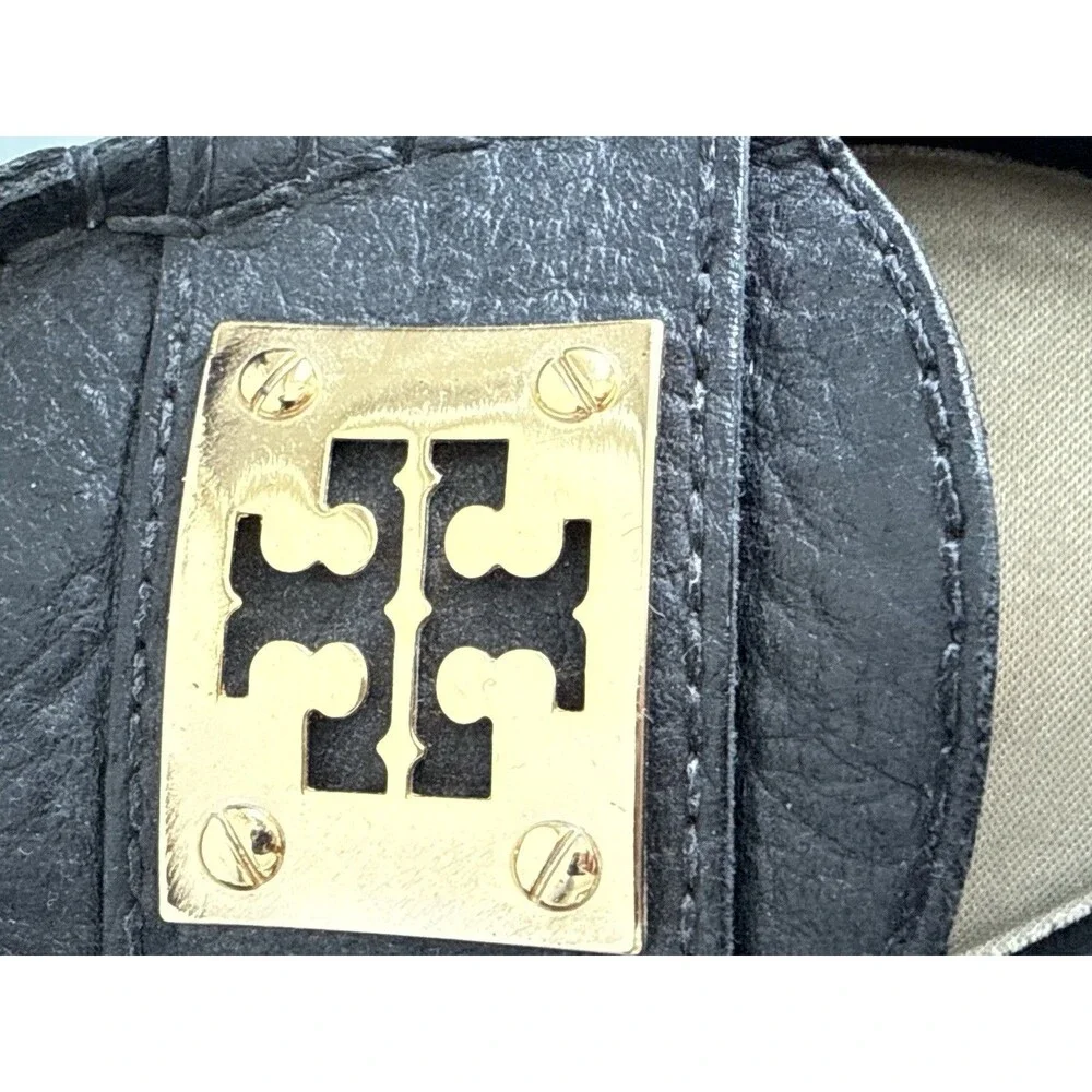 ✿ Tory Burch Black Leather Logo Ballet Flats Gold Plate Size 8M